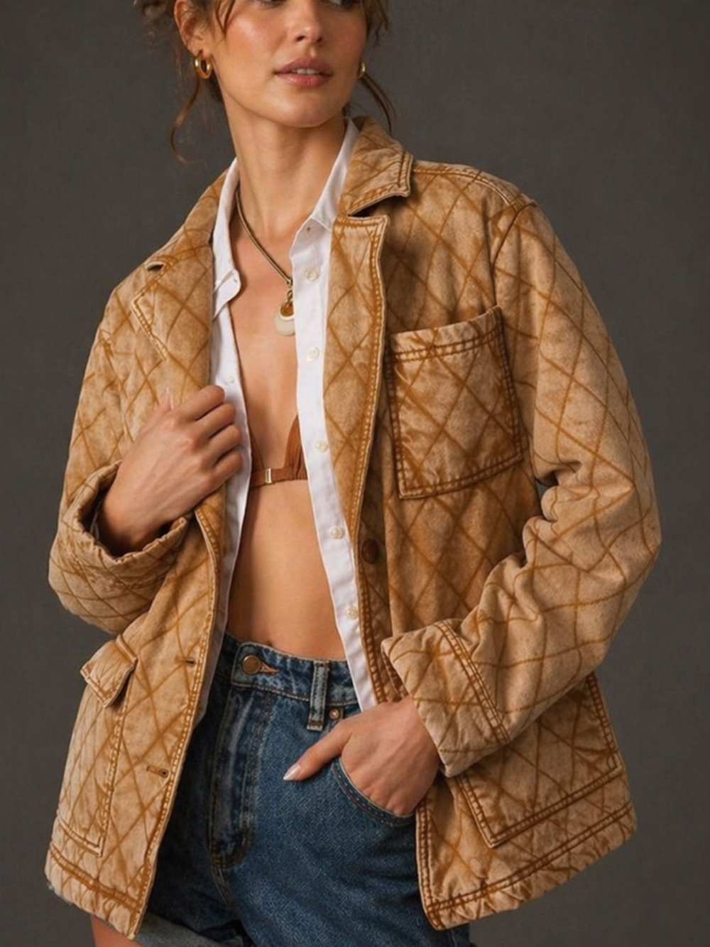 Young Fabulous & Broke Tan Quilted Utility Jacket Excellent Condition